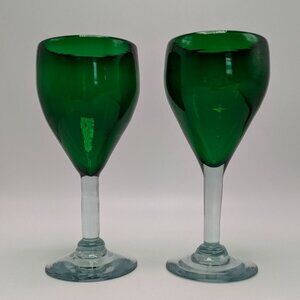 Mexican Hand Blown Recycled Glass Wine Water Goblets Green 10 fl oz 7 5/8" tall